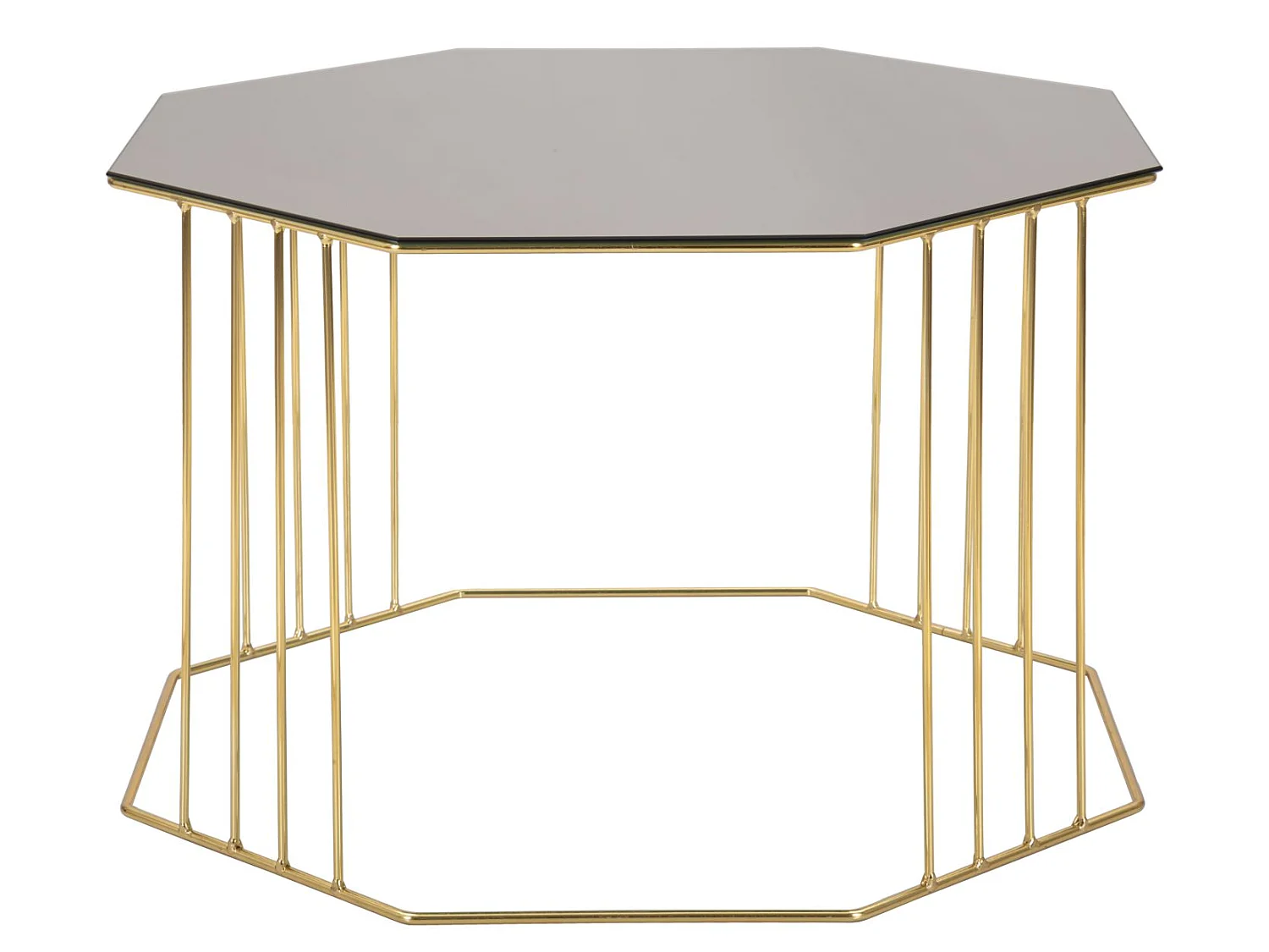 Achthoekige salontafel in metaal en zwartgoud glas, 70x70x45 cm
