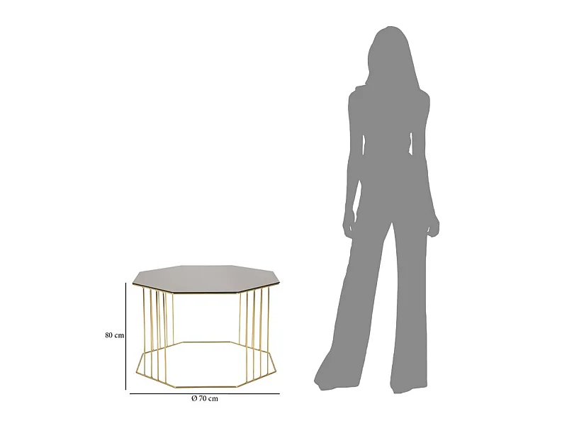 Achthoekige salontafel in metaal en zwartgoud glas, 70x70x45 cm