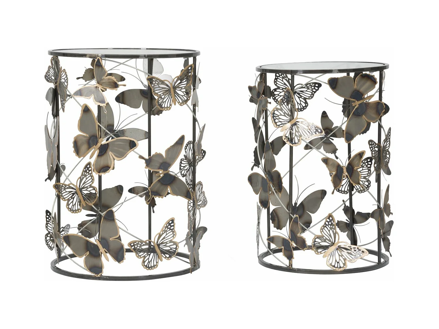 Table d'appoint papillons- Set de 2, Métal et Verre, Design Papillon, Dimensions : 41,3 x 55 cm & 35 x 50,3 cm, Multicolore