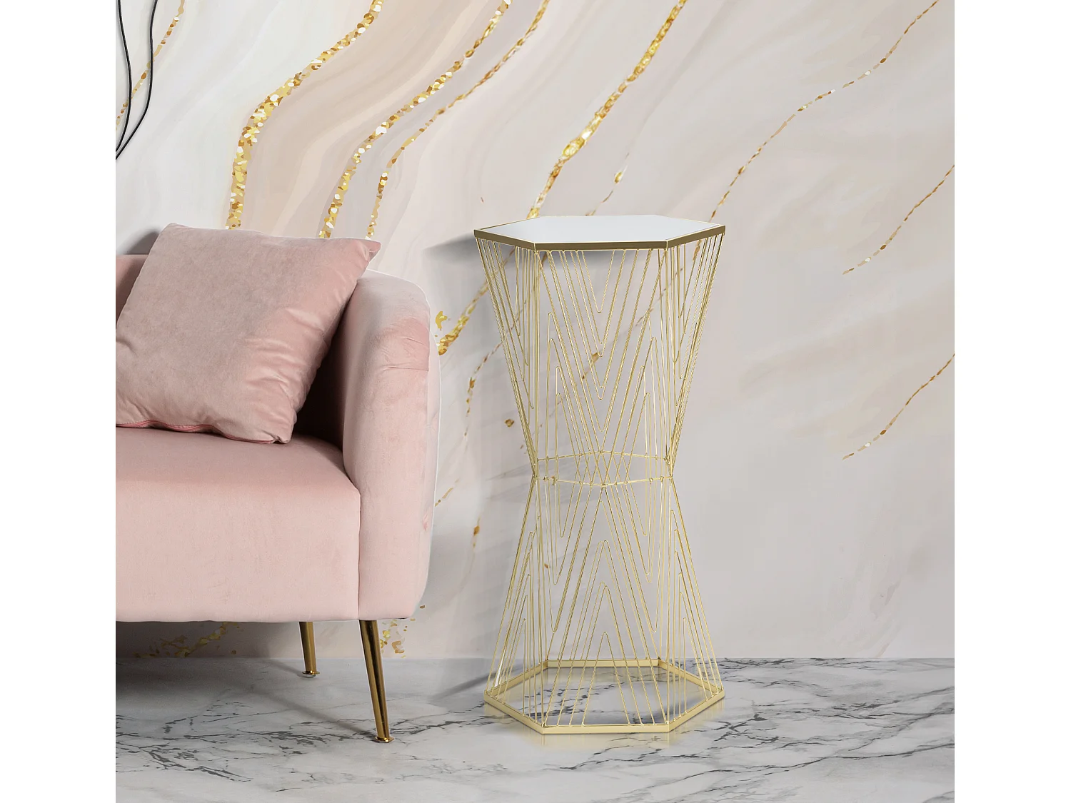 Table d'Appoint Hexagonale Design "Lines" 80cm Or