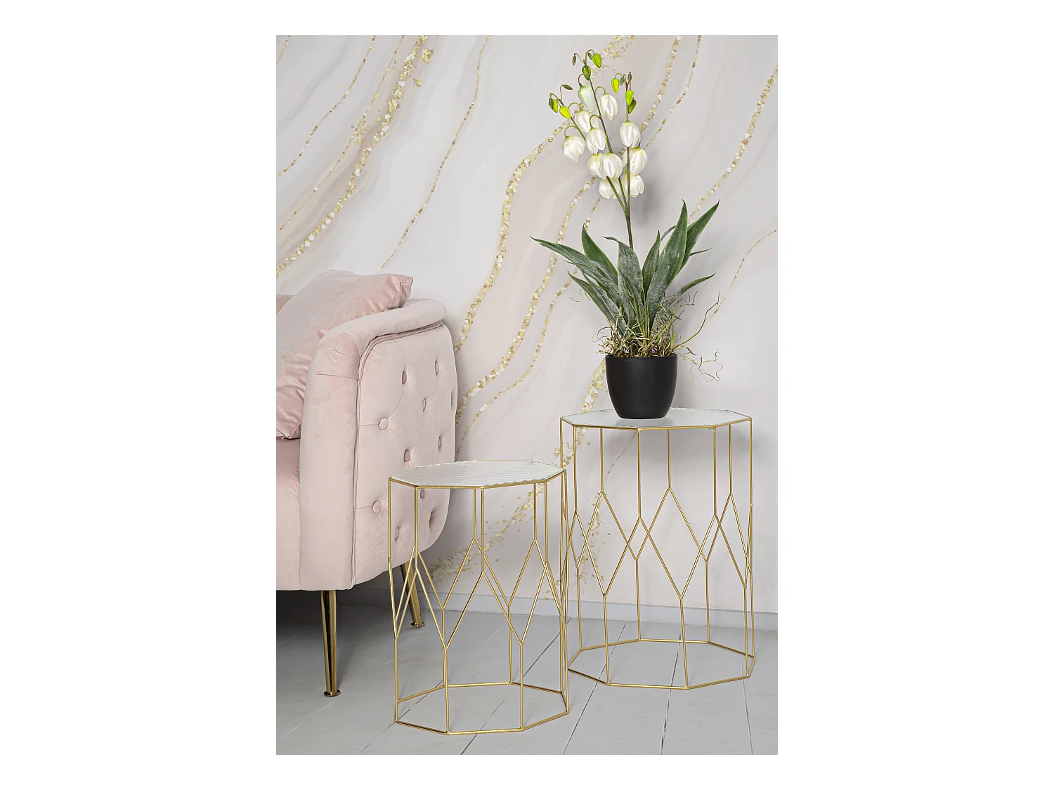 Lot de 2 Tables d'Appoint Octogonale "Glassy" 47cm Or