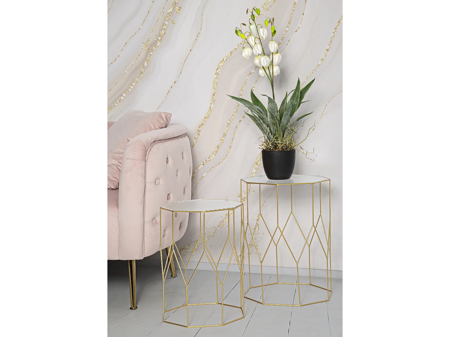 Lot de 2 Tables d'Appoint Octogonale "Glassy" 47cm Or