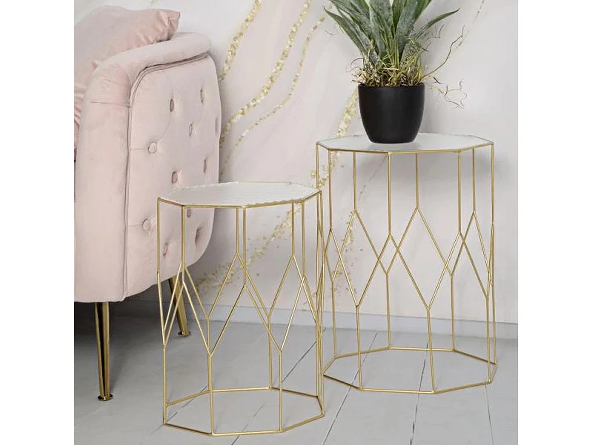 Lot de 2 Tables d'Appoint Octogonale "Glassy" 47cm Or