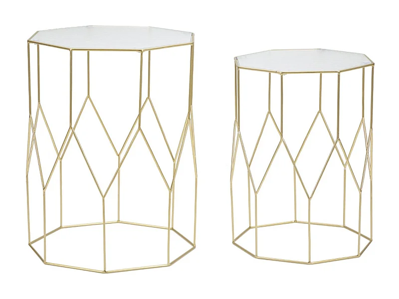 Set van 2 salontafels van goudkleurig metaal en glas, 37x37x47-31x31x42 cm