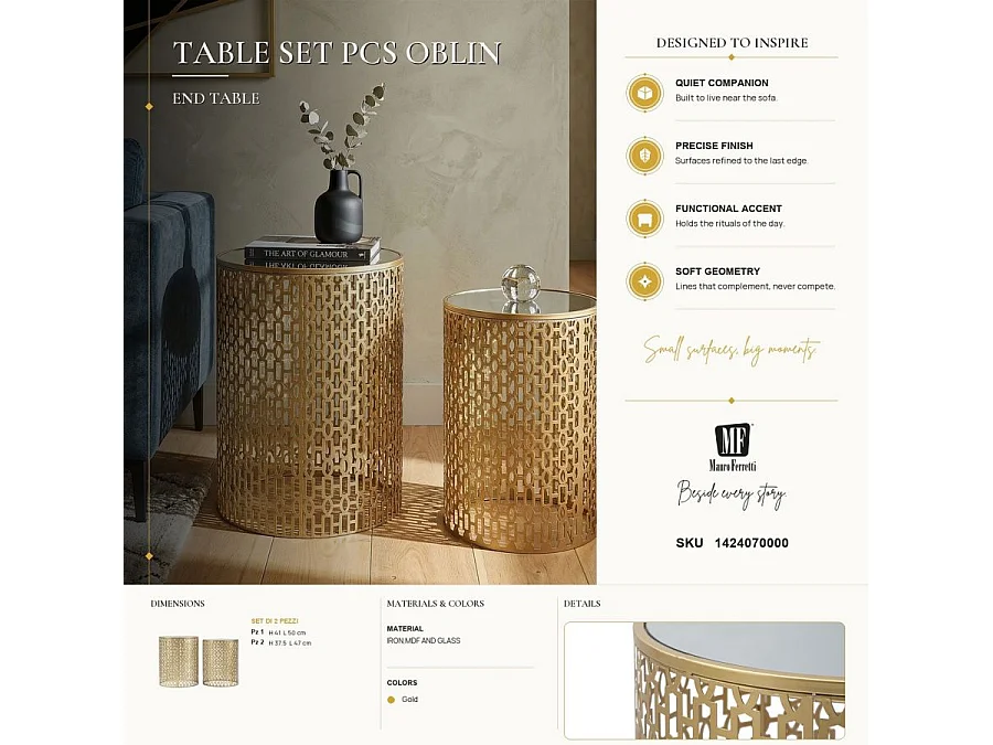 Lot de 2 Tables d'Appoint Design "Oblin" 50cm Or