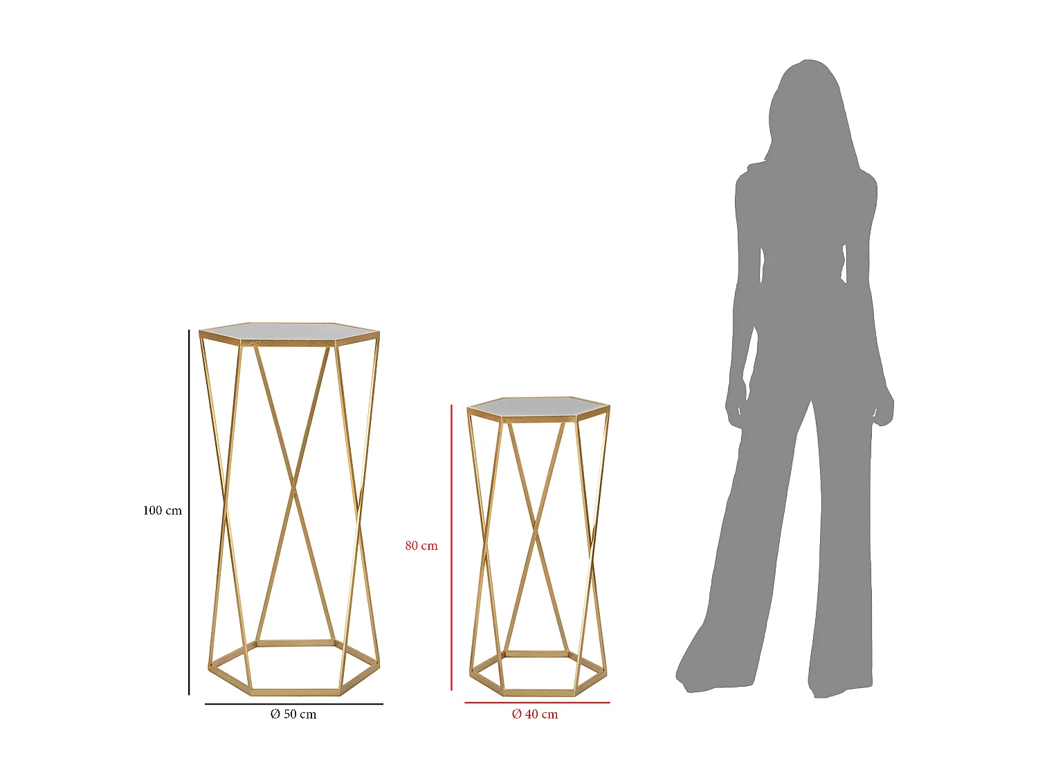 Juego de 2 mesas auxiliares hexagonales de metal dorado y espejo Esagonal