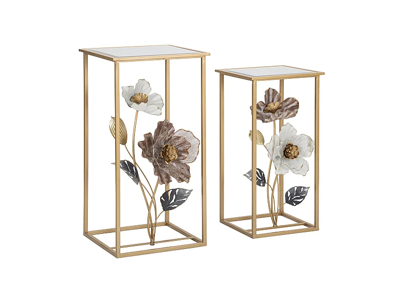 Set di 2 tavolinetti in metallo e vetro dorati cm 36x36x70-30x30x60