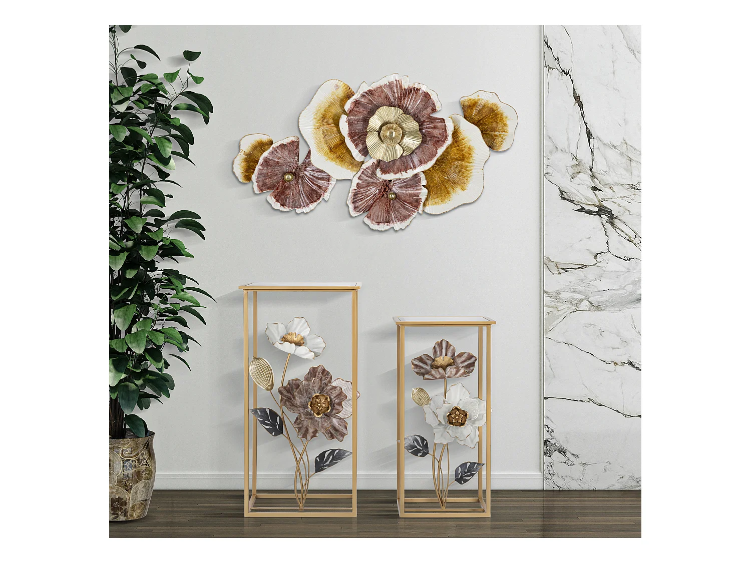 Set di 2 tavolinetti in metallo e vetro dorati cm 36x36x70-30x30x60