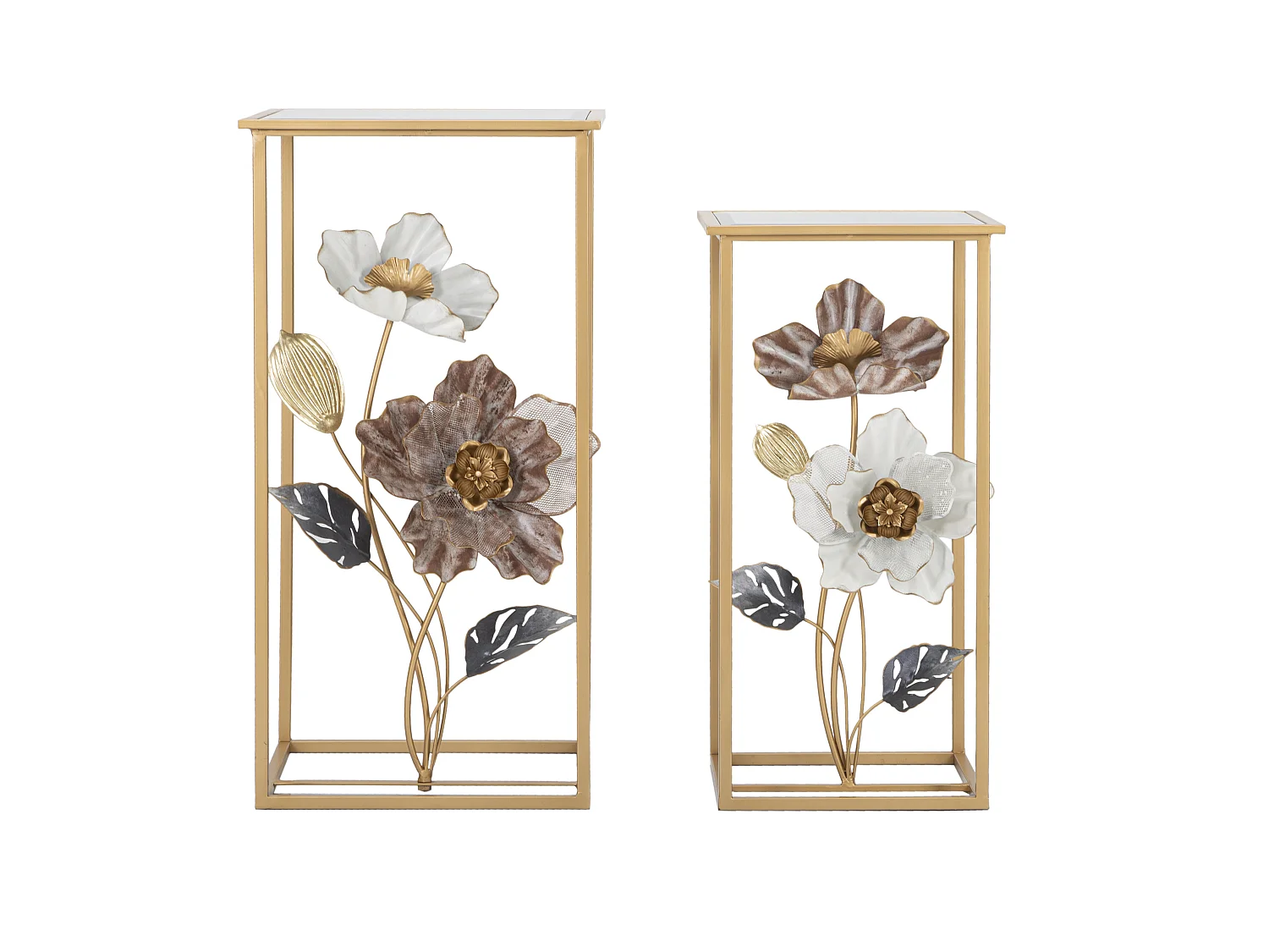 Set di 2 tavolinetti in metallo e vetro dorati cm 36x36x70-30x30x60