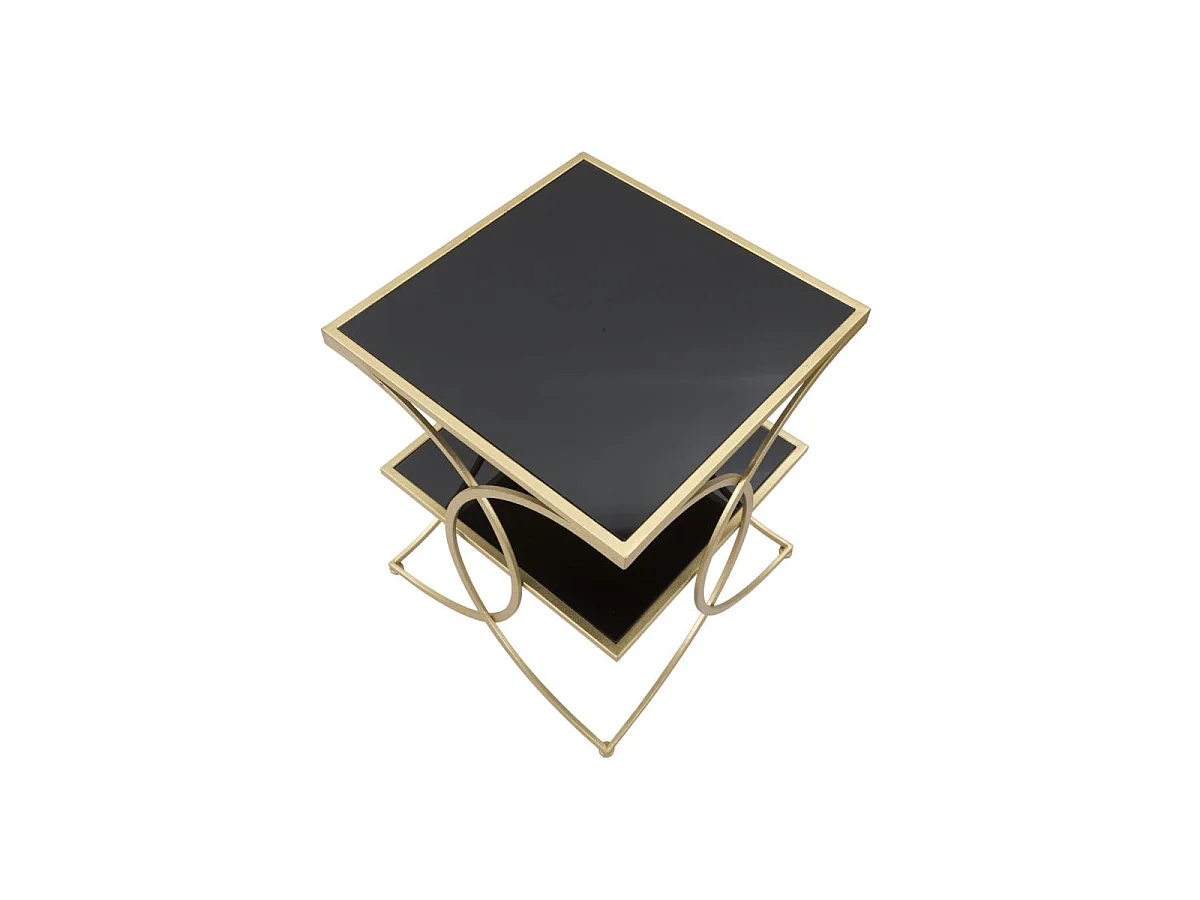 Gouden metalen salontafel met zwart glazen blad, 45x45x55 cm