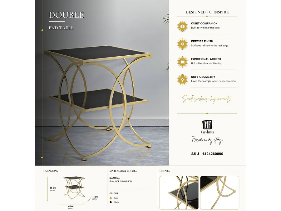 Gouden metalen salontafel met zwart glazen blad, 45x45x55 cm