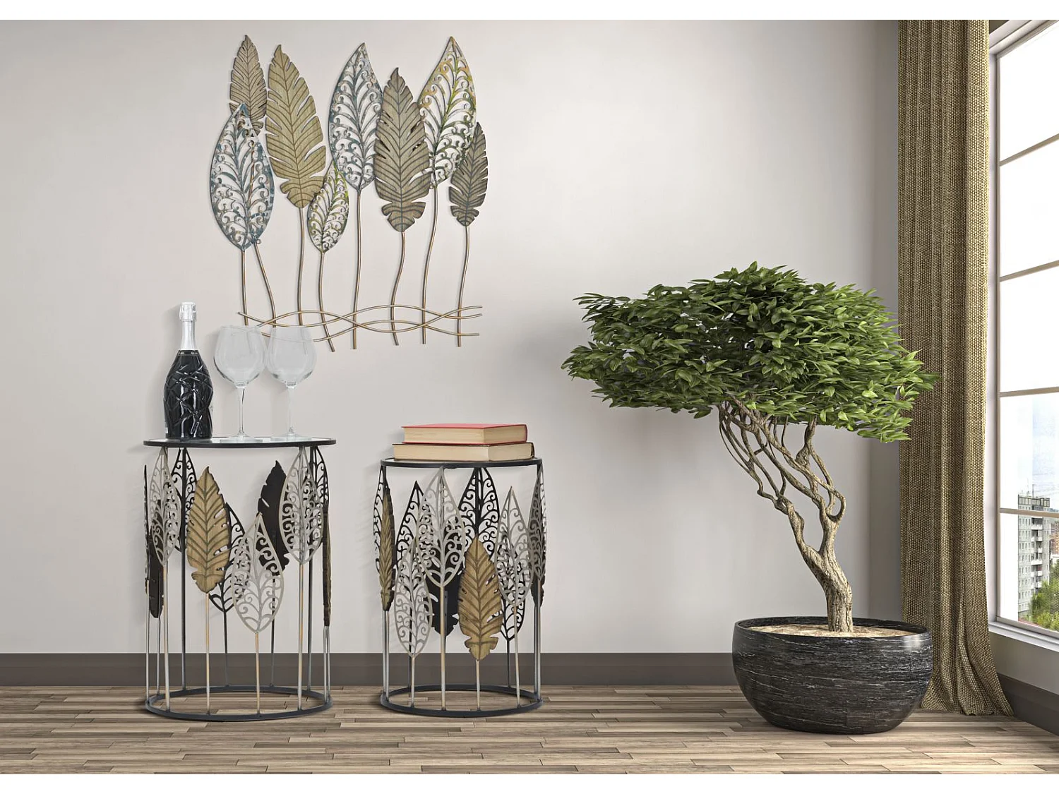 Lot de 2 Tables d'Appoint "Feuilles" 55cm Multicolore