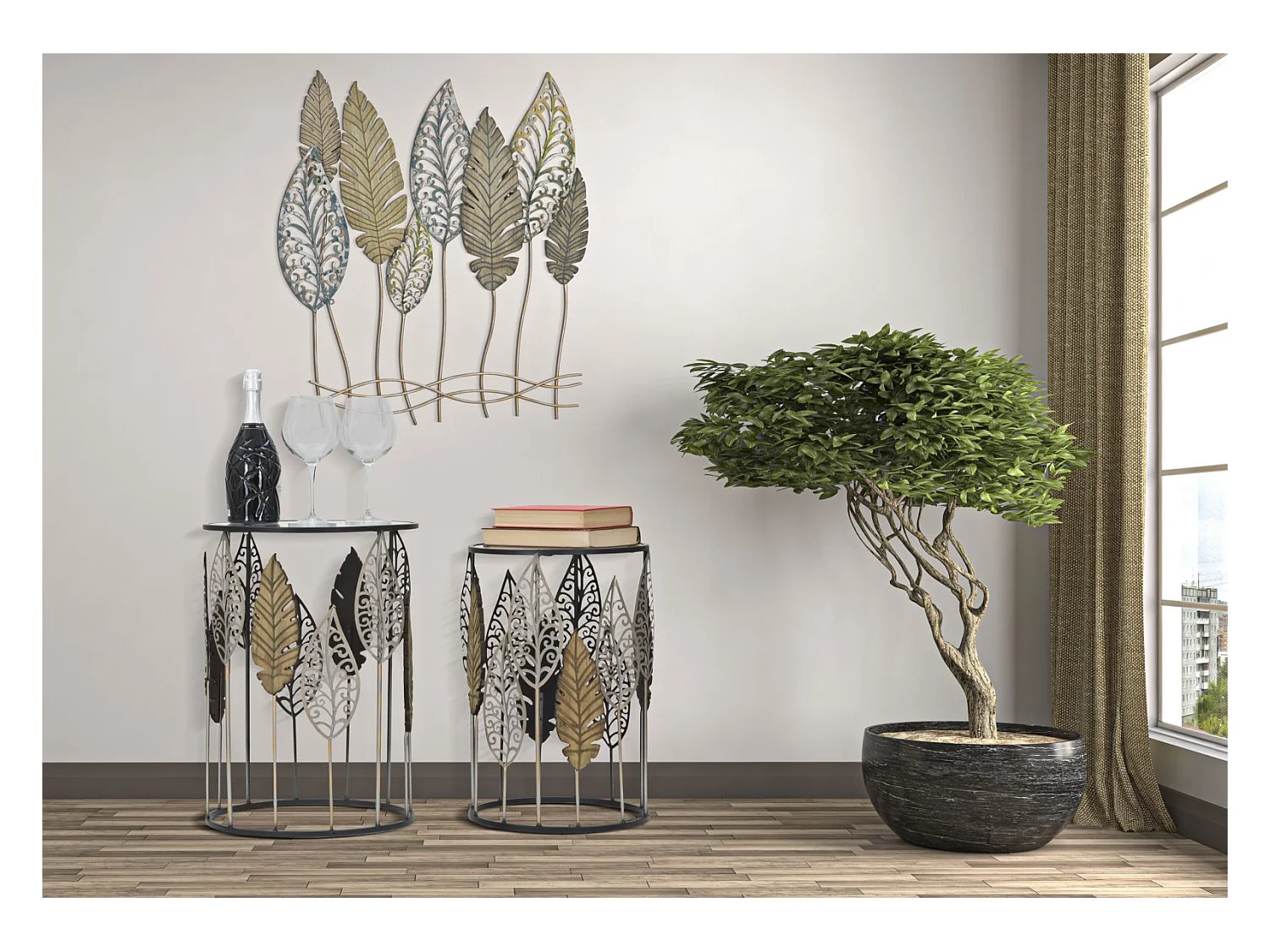 Table d'appoint feuilles de fer et de bois - Set de 2, Métal, MDF et Verre, Design Feuilles, Dimensions : 38 x 55 cm & 33 x 50 cm, Multicolore