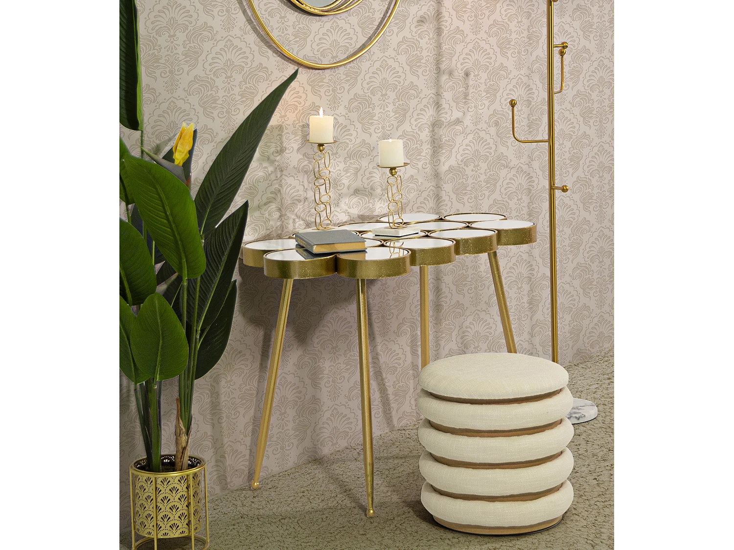 Tavolinetto in metallo dorato e piano con specchi cm 100x55x70