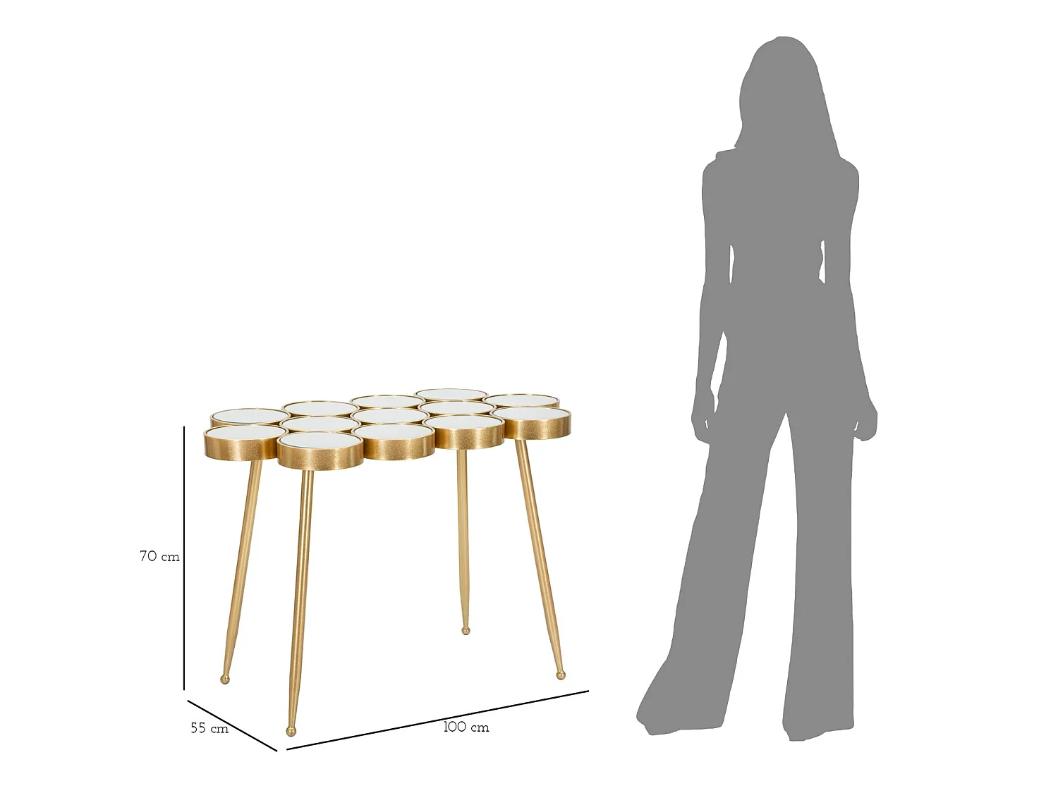 Beistelltisch aus goldfarbenem Metall mit Spiegelplatte 100x55x70 cm