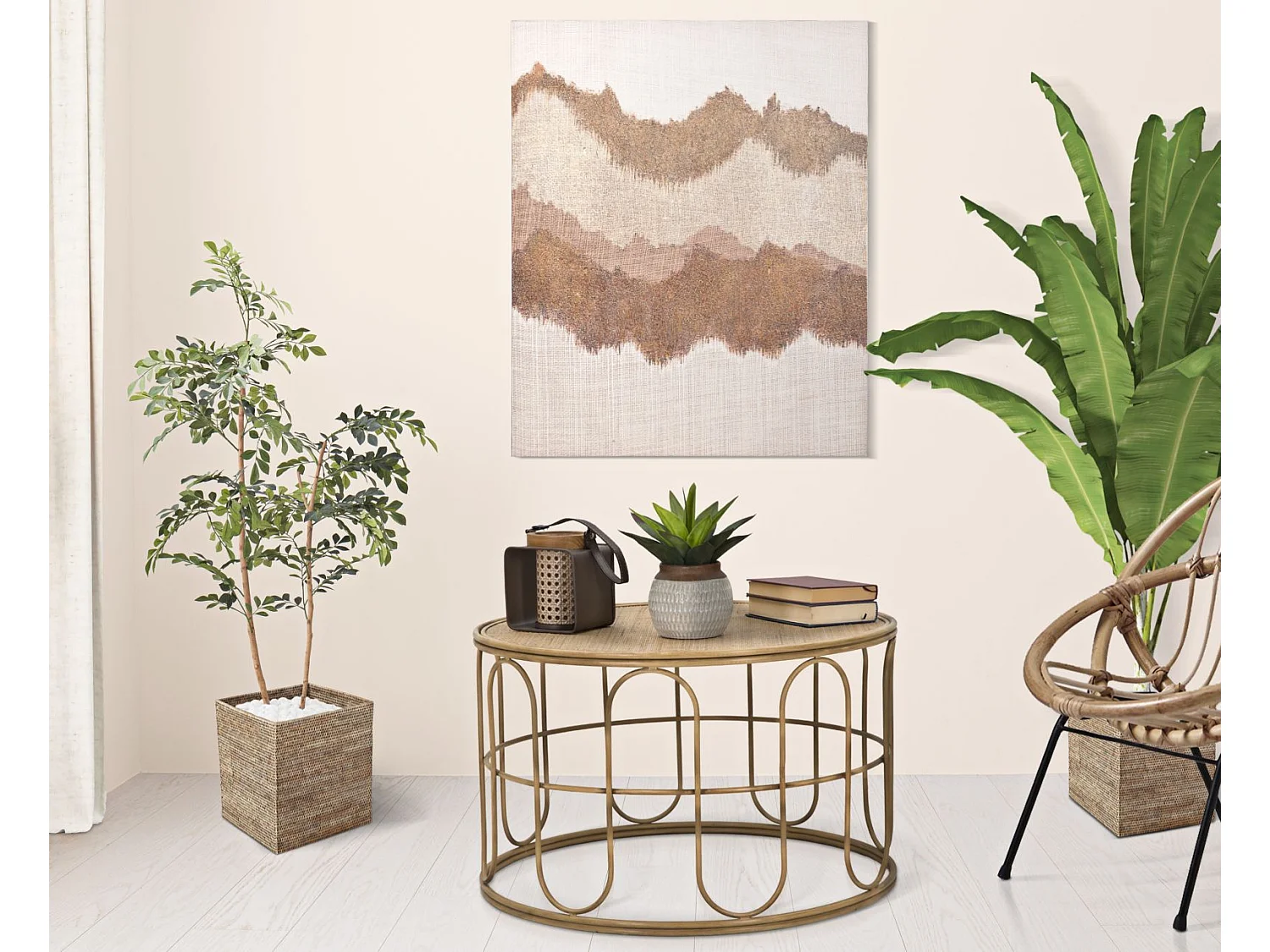 Ronde salontafel van ijzer en bruin hout Ø 80x50 cm