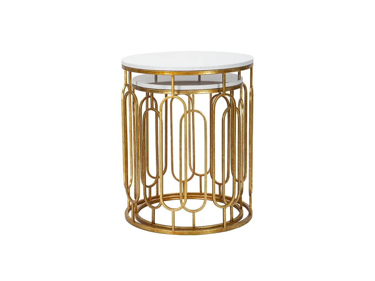 Set van 2 gouden metalen tafels met wit blad Ø cm 46x55-39x48