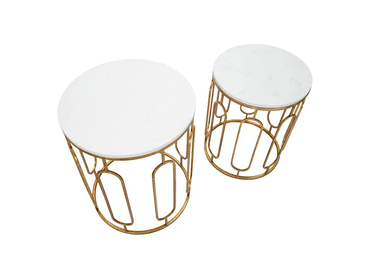 Set van 2 gouden metalen tafels met wit blad Ø cm 46x55-39x48