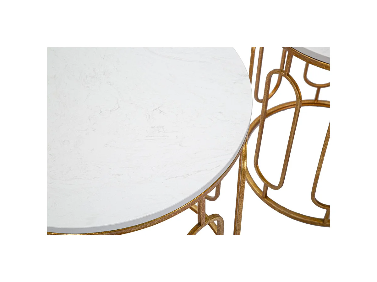 Set van 2 gouden metalen tafels met wit blad Ø cm 46x55-39x48