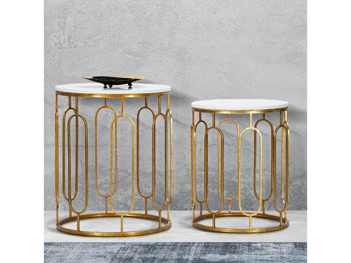 Set van 2 gouden metalen tafels met wit blad Ø cm 46x55-39x48