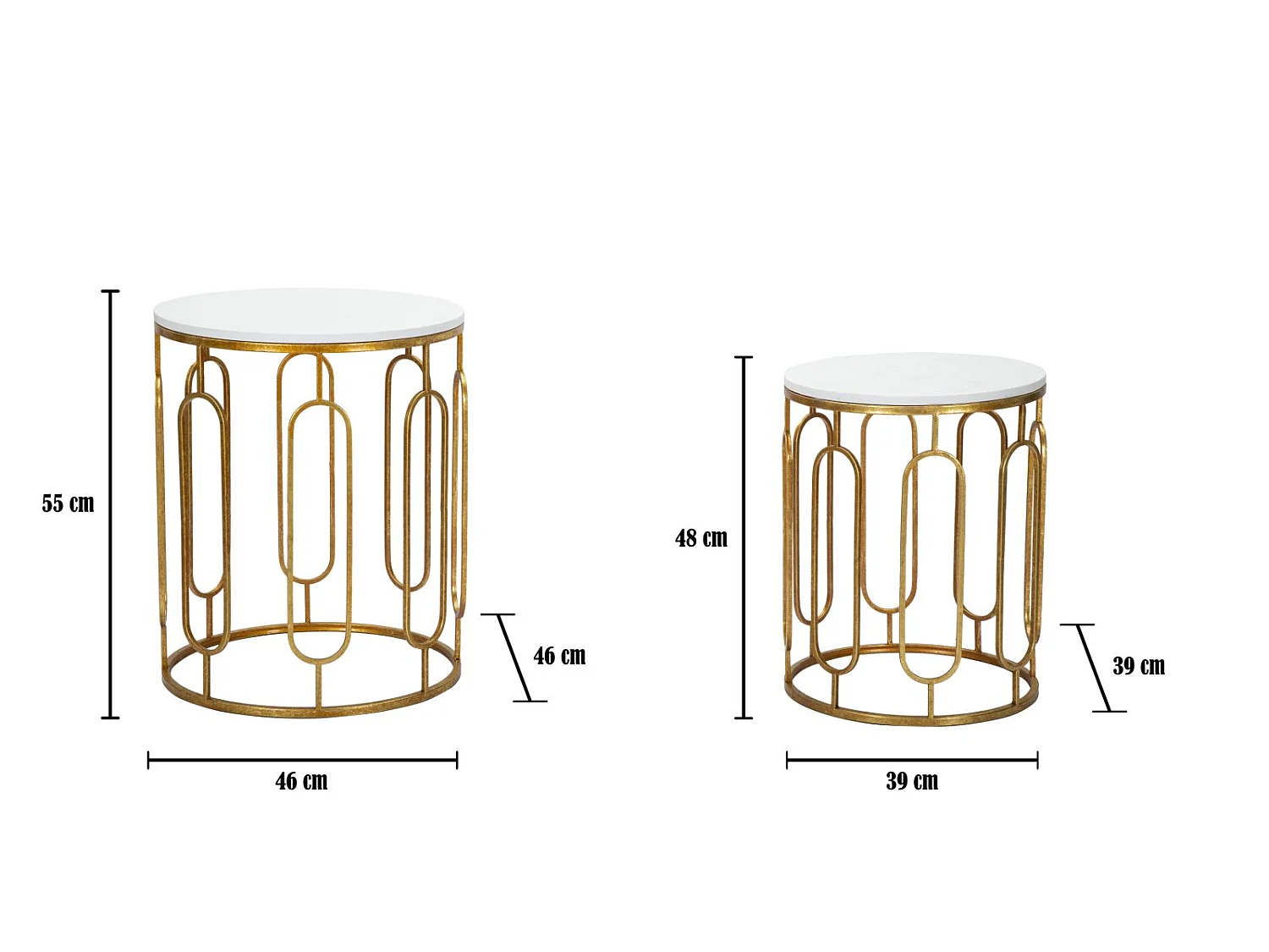 Set van 2 gouden metalen tafels met wit blad Ø cm 46x55-39x48