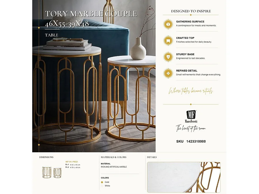 Set van 2 gouden metalen tafels met wit blad Ø cm 46x55-39x48
