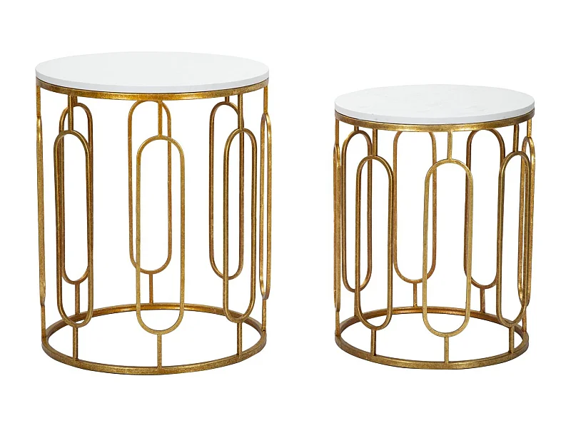 Set van 2 gouden metalen tafels met wit blad Ø cm 46x55-39x48