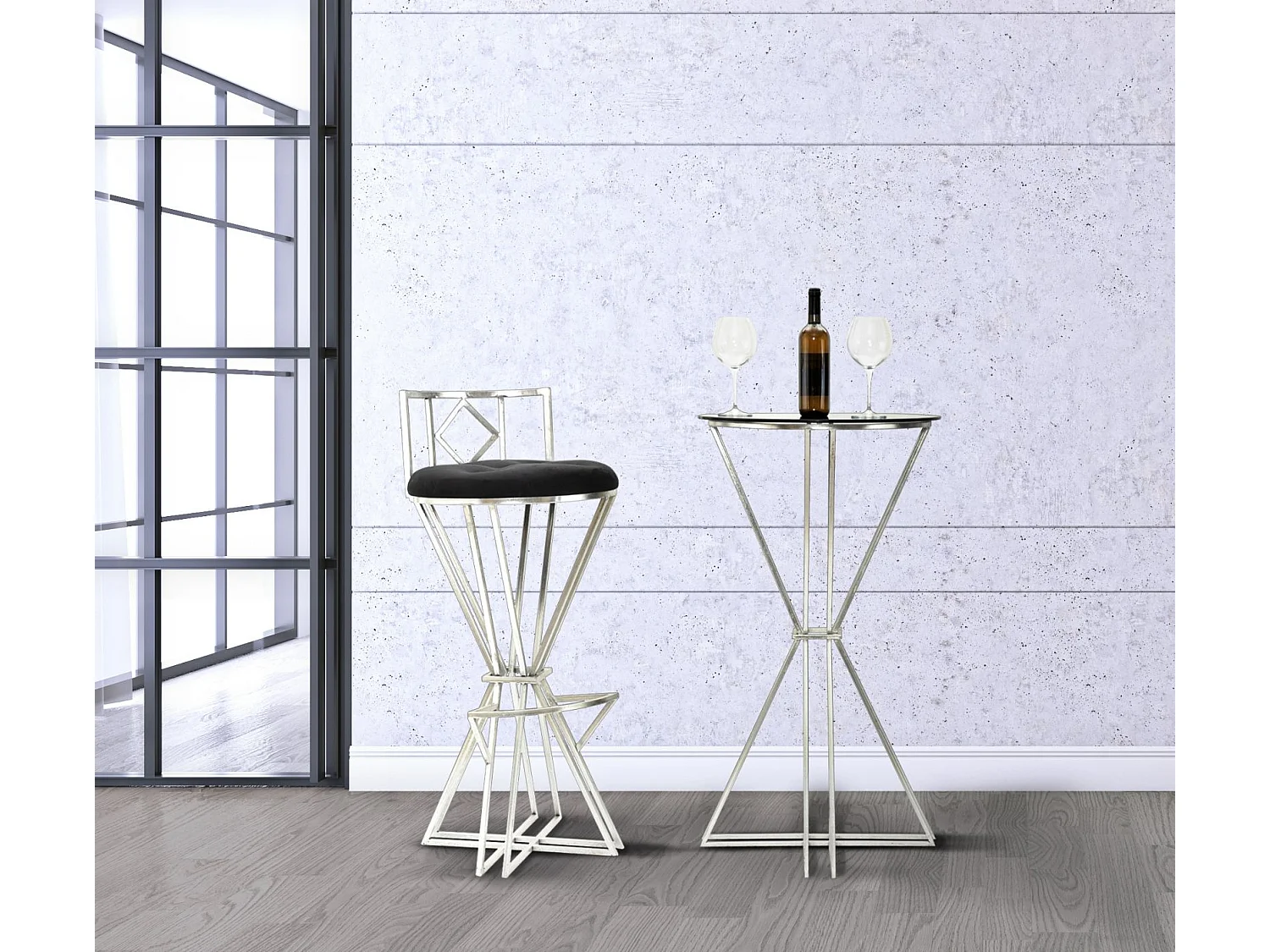 Table de bar ronde en métal argenté avec plateau en verre Ø 60x105 cm