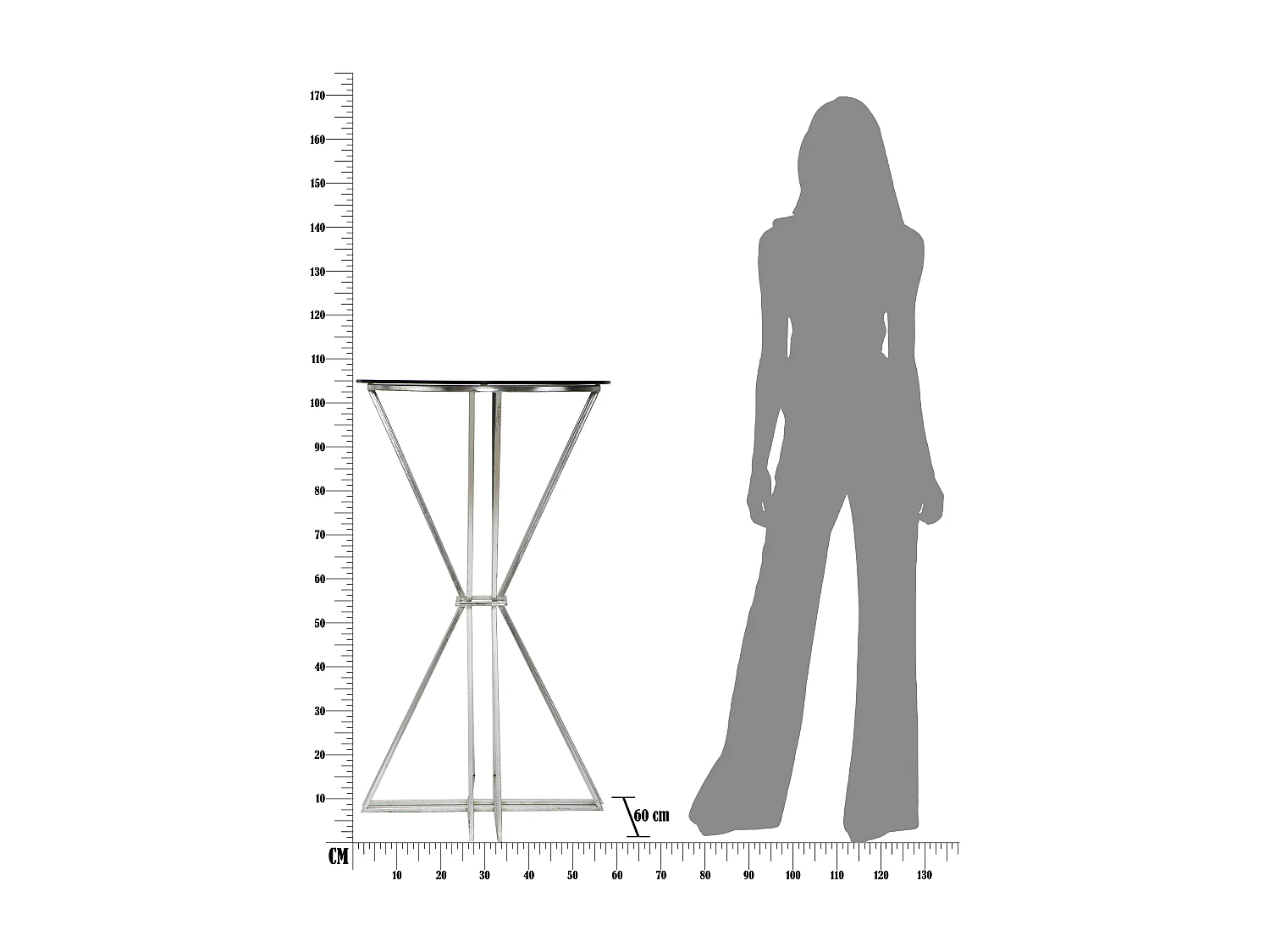 Table de bar ronde en métal argenté avec plateau en verre Ø 60x105 cm
