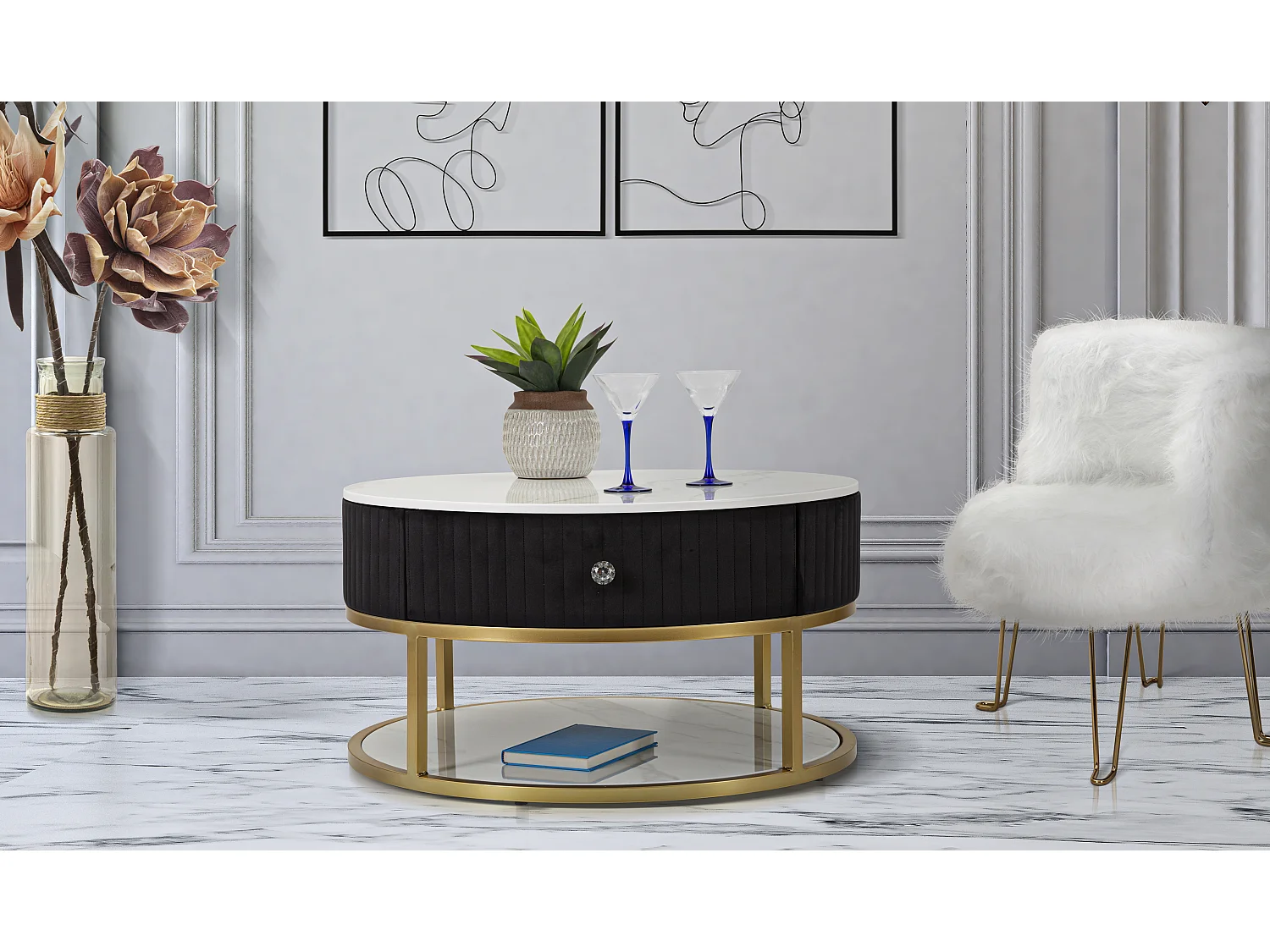 Tavolo da caffè in metallo tessuto legno dorato nero bianco Ø cm 75x36