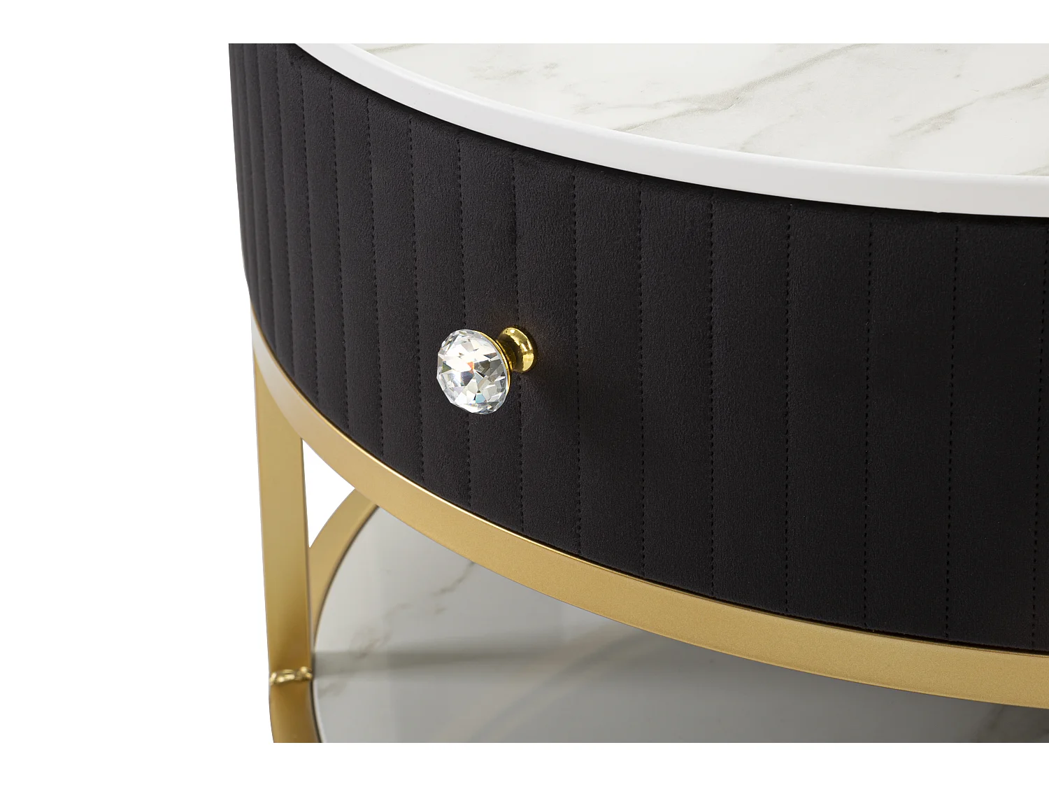 Tavolo da caffè in metallo tessuto legno dorato nero bianco Ø cm 75x36