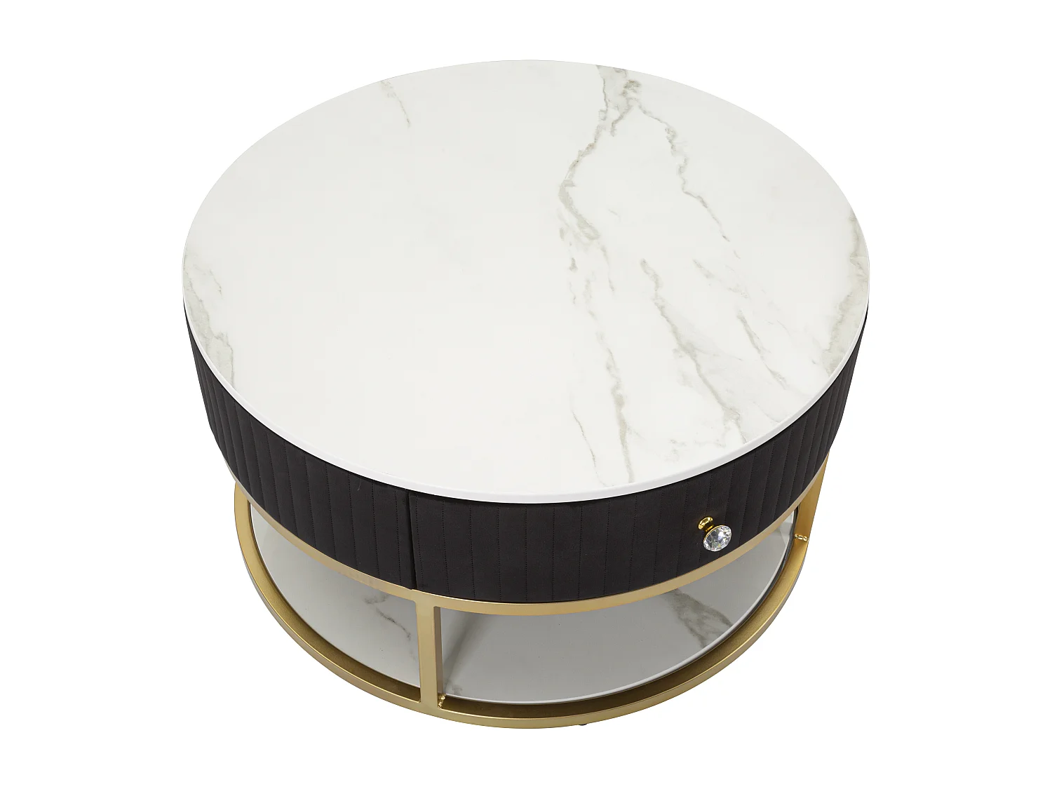 Tavolo da caffè in metallo tessuto legno dorato nero bianco Ø cm 75x36