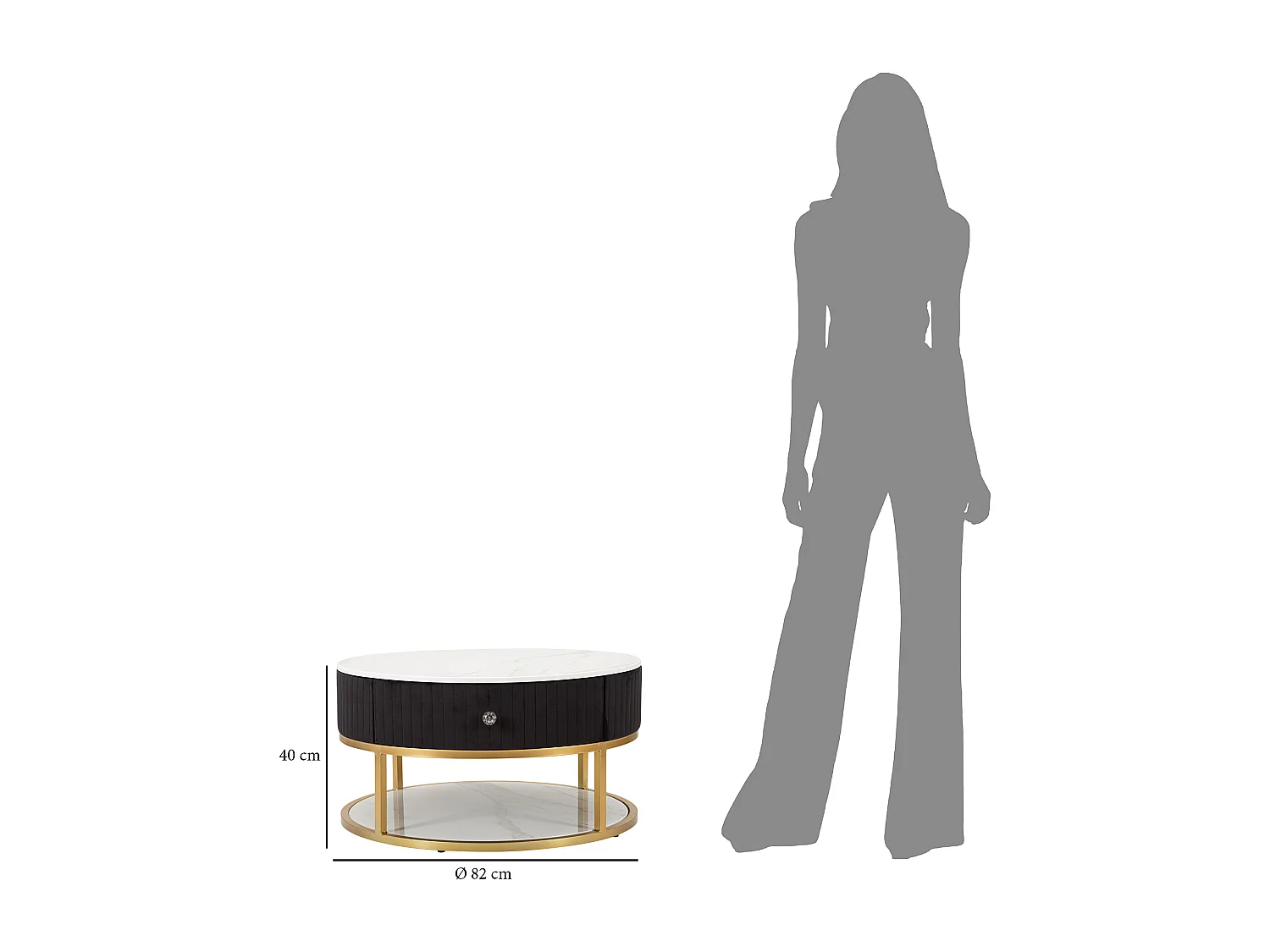 Tavolo da caffè in metallo tessuto legno dorato nero bianco Ø cm 75x36