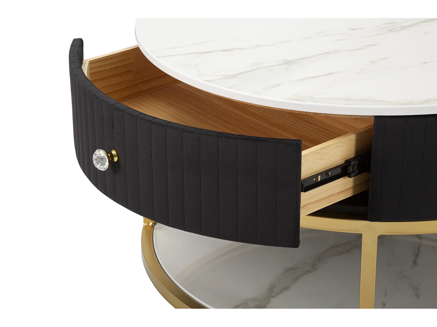 Tavolo da caffè in metallo tessuto legno dorato nero bianco Ø cm 75x36