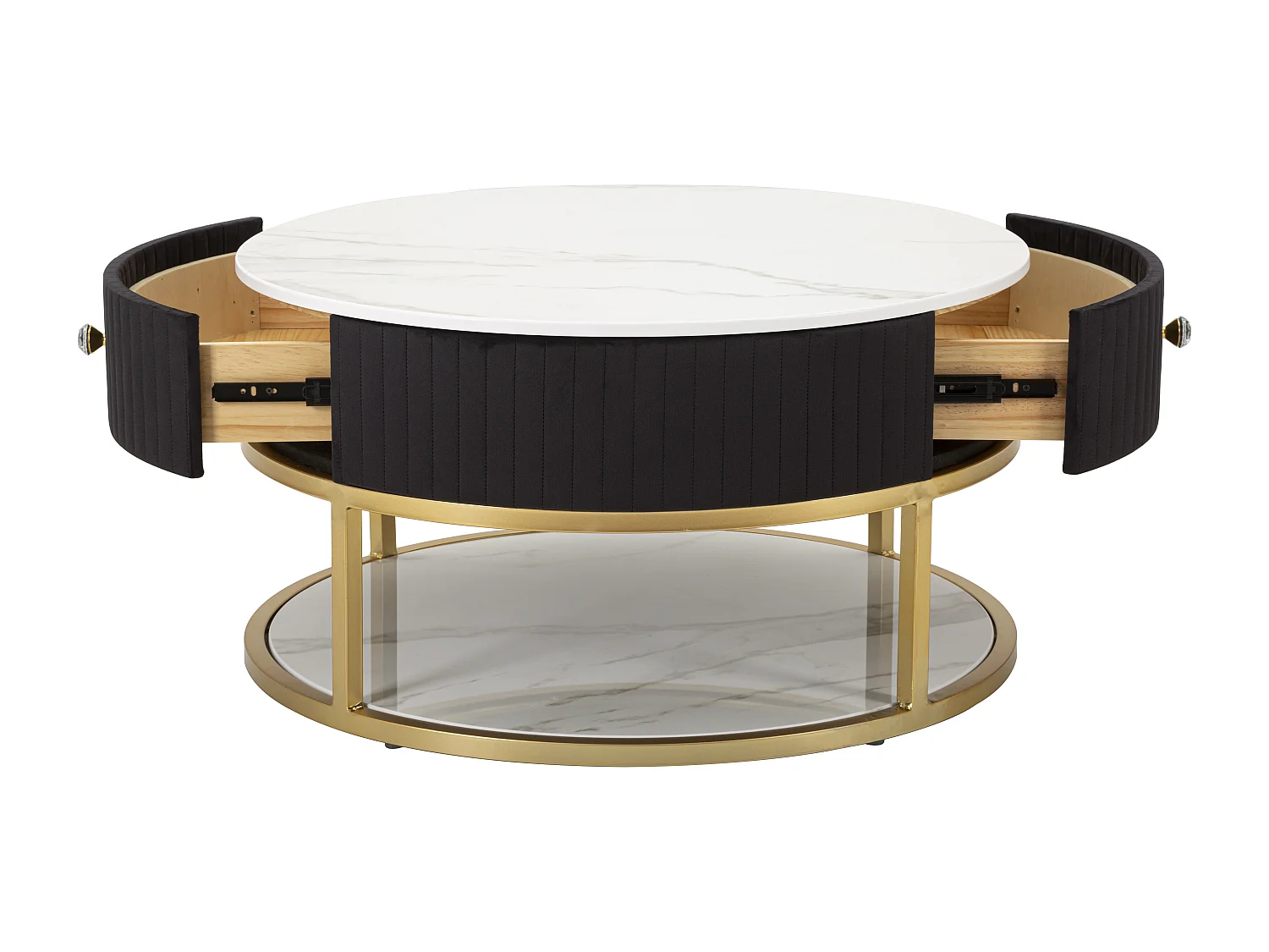 Tavolo da caffè in metallo tessuto legno dorato nero bianco Ø cm 75x36