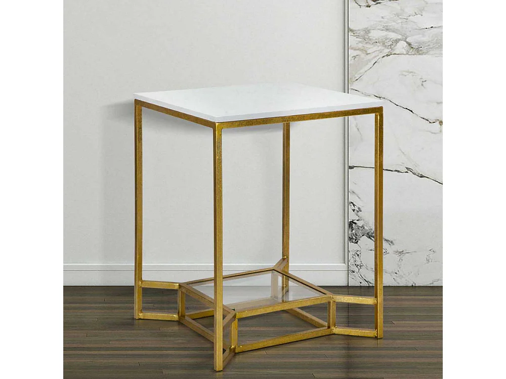 Bout de canapé en métal plateau imitation marbre Double 47 x 47 x 60 cm