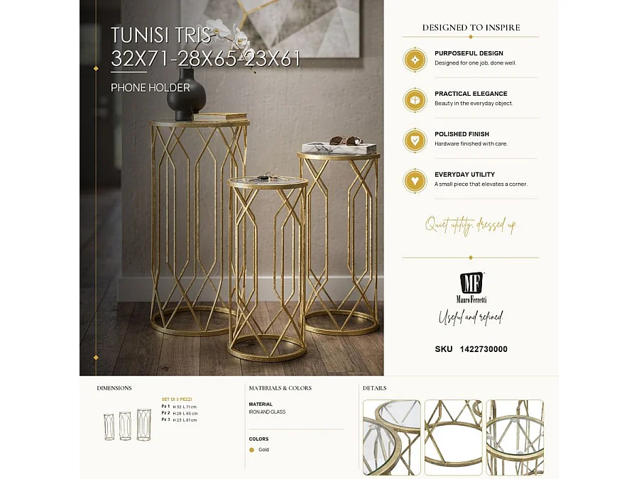 Lot de 3 Tables d'Appoint "Tunis" 71cm Or