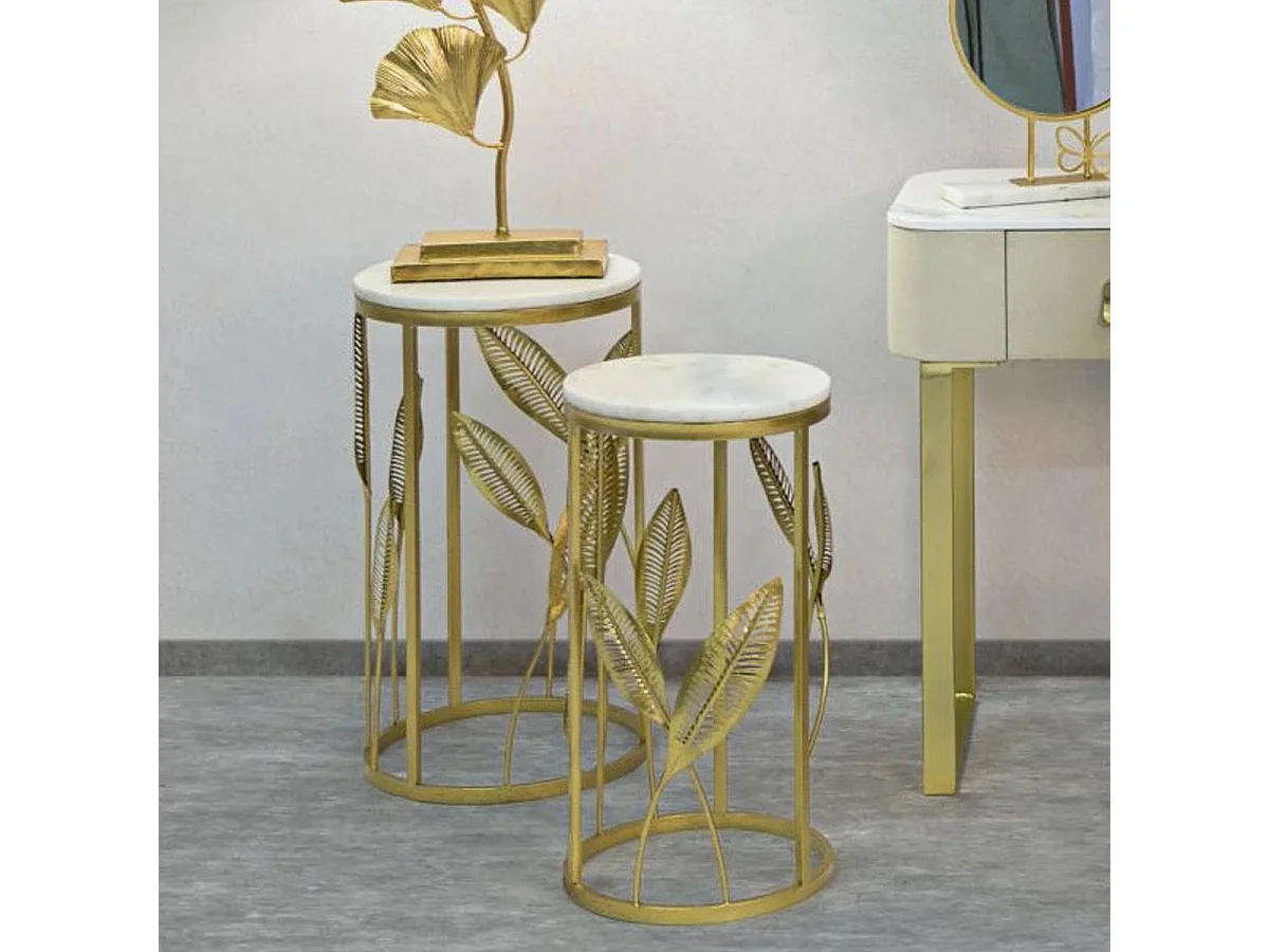 Lot de 2 Tables d'Appoint Effet Marbre "Leaf" 65cm Or