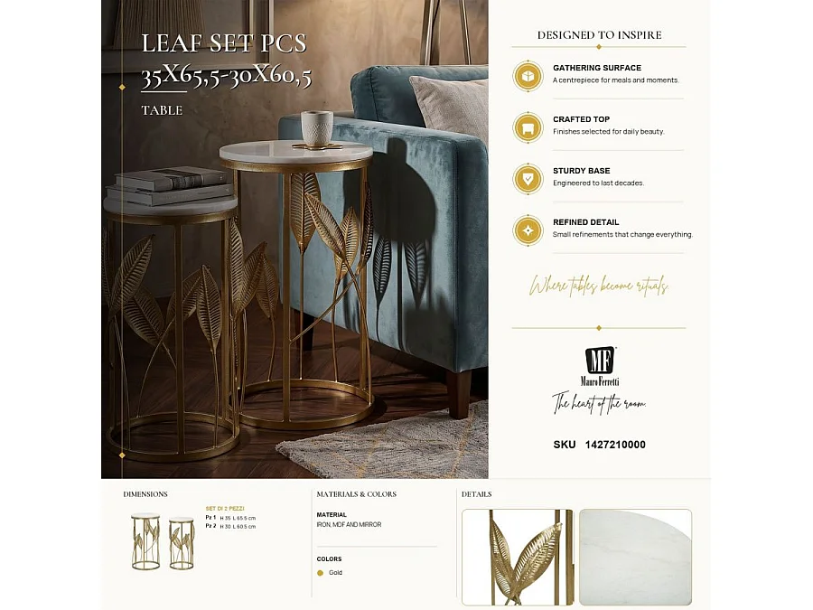 Lot de 2 Tables d'Appoint Effet Marbre "Leaf" 65cm Or