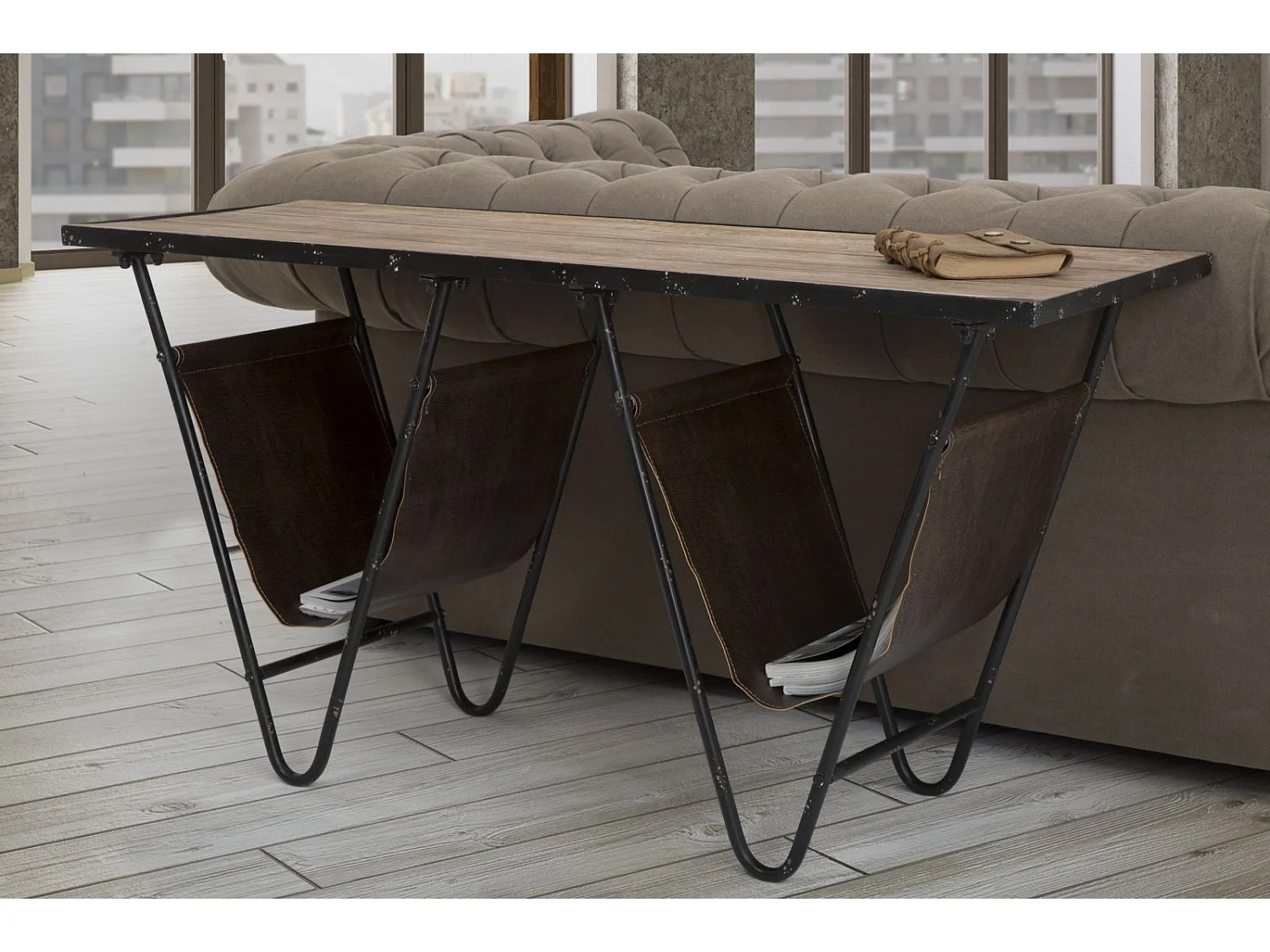 Table basse avec porte-revues en métal marron 120x43x62,5 cm