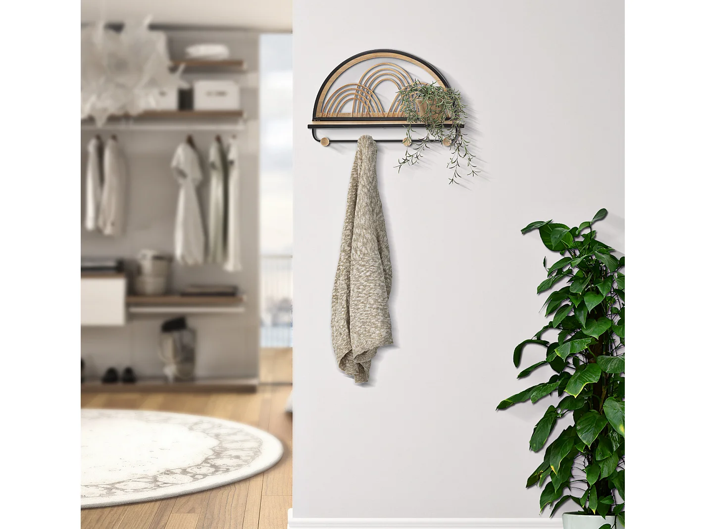 Etagère avec cintre en métal et bois marron 46x15,5x30 cm