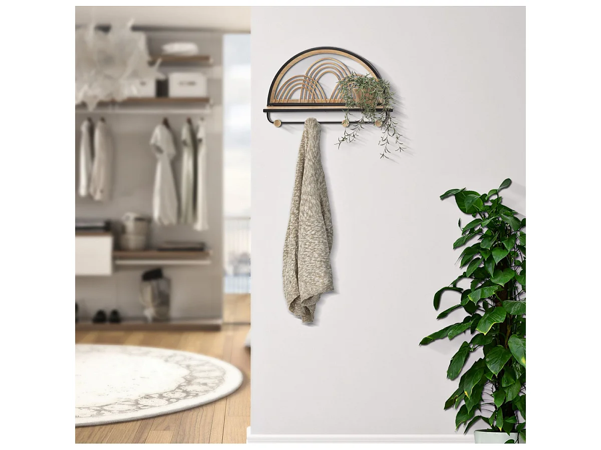 Mensola con appendi abiti in metallo e legno marrone cm 46x15,5x30