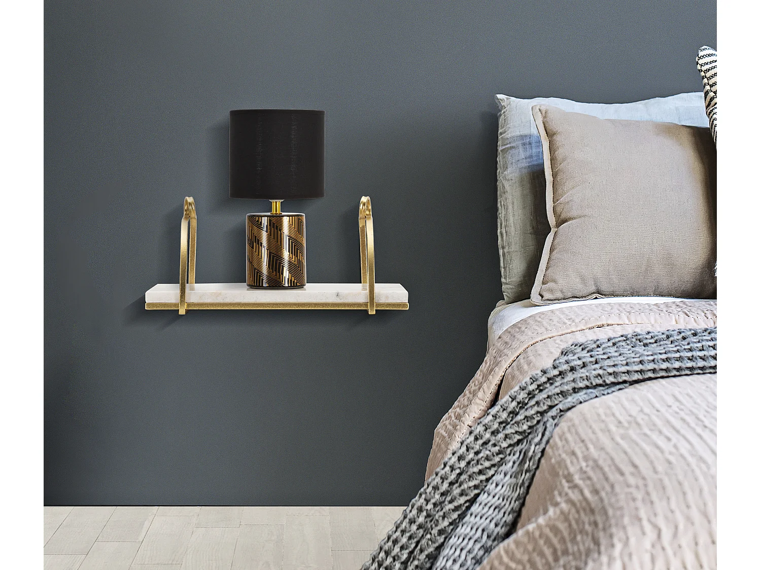 Etagère murale en métal et marbre doré 40x16x18 cm