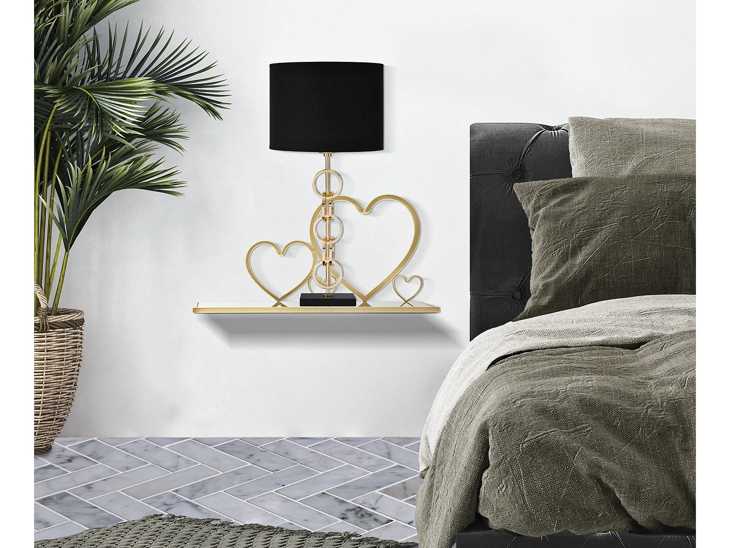 Set di 2 comodini mensola in metallo e specchio dorati cm 41,5x18x21