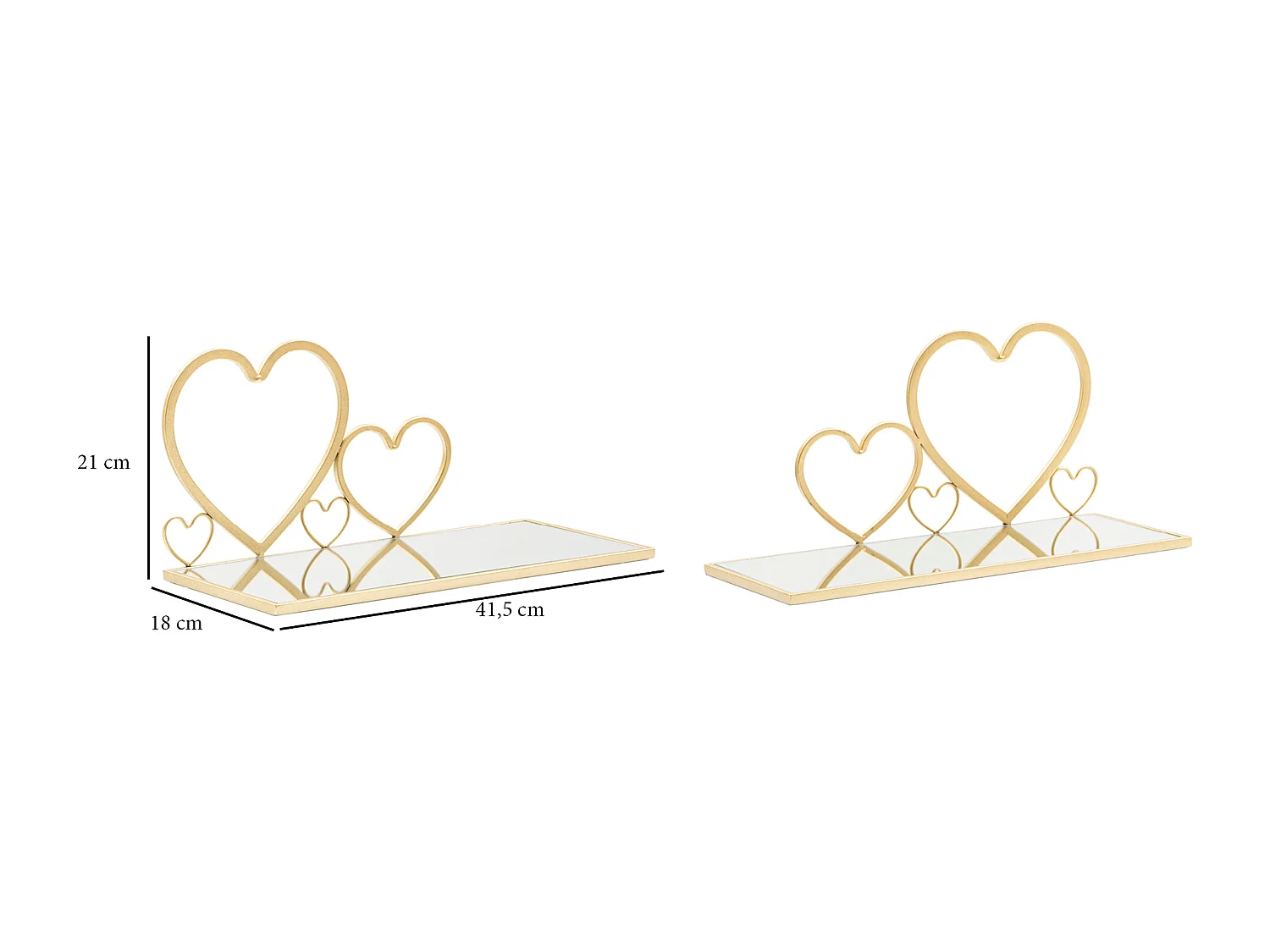 Set di 2 comodini mensola in metallo e specchio dorati cm 41,5x18x21