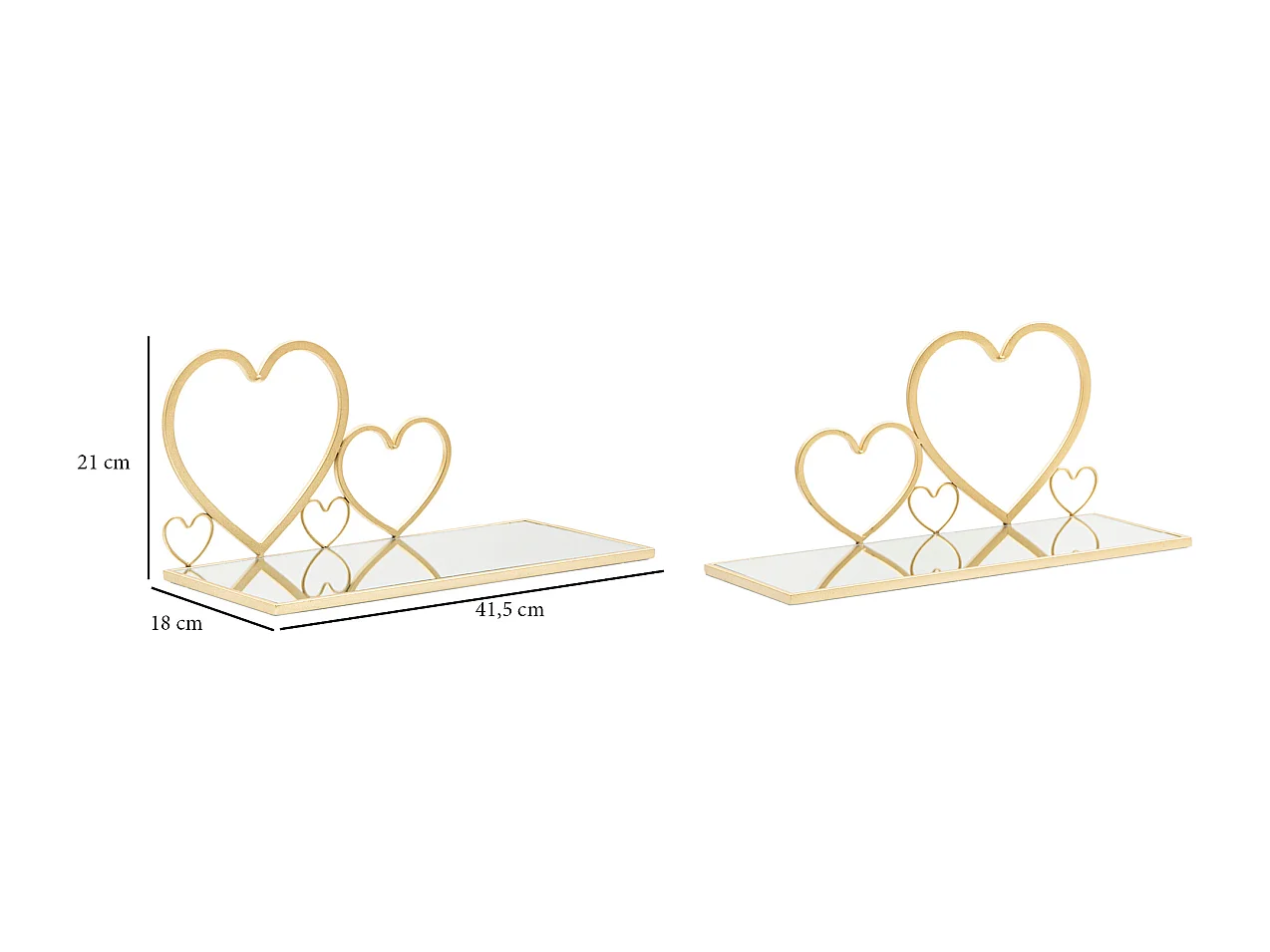 Set di 2 comodini mensola in metallo e specchio dorati cm 41,5x18x21