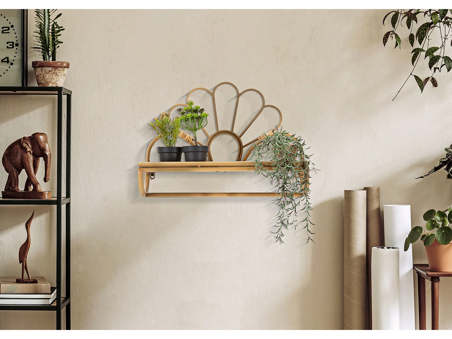 Mensola in metallo e rattan marrone cm 55x20,3x39,5