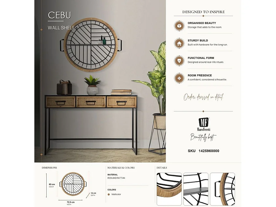 Półka ścienna Cebu 72,5 x 18 x 65 cm z czarnego metalu i rattanu – geometryczny i boho-chicowy design do ekspozycji ściennej