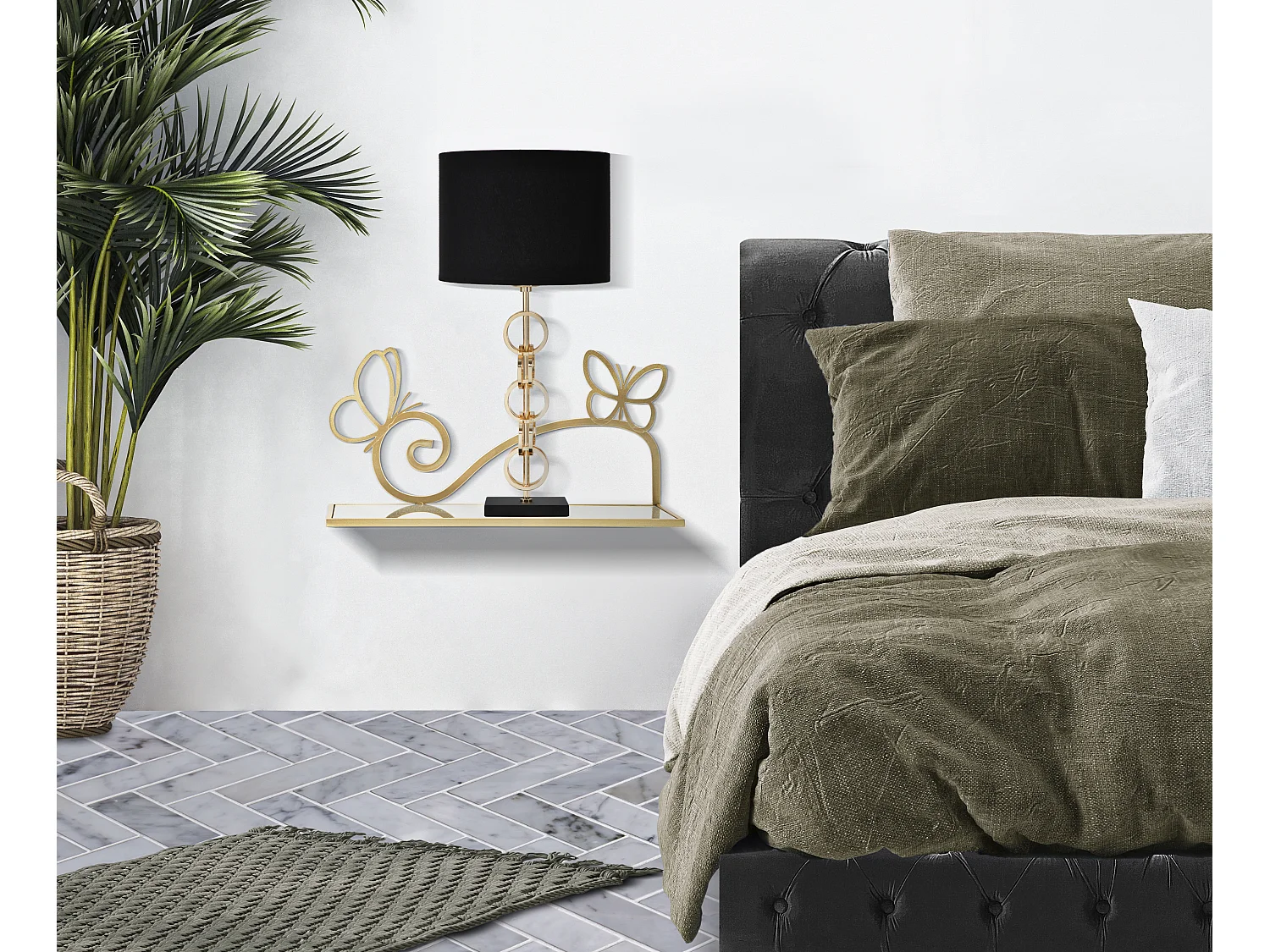 Set di 2 comodini mensola in metallo e specchio dorati cm 41,5x18x21