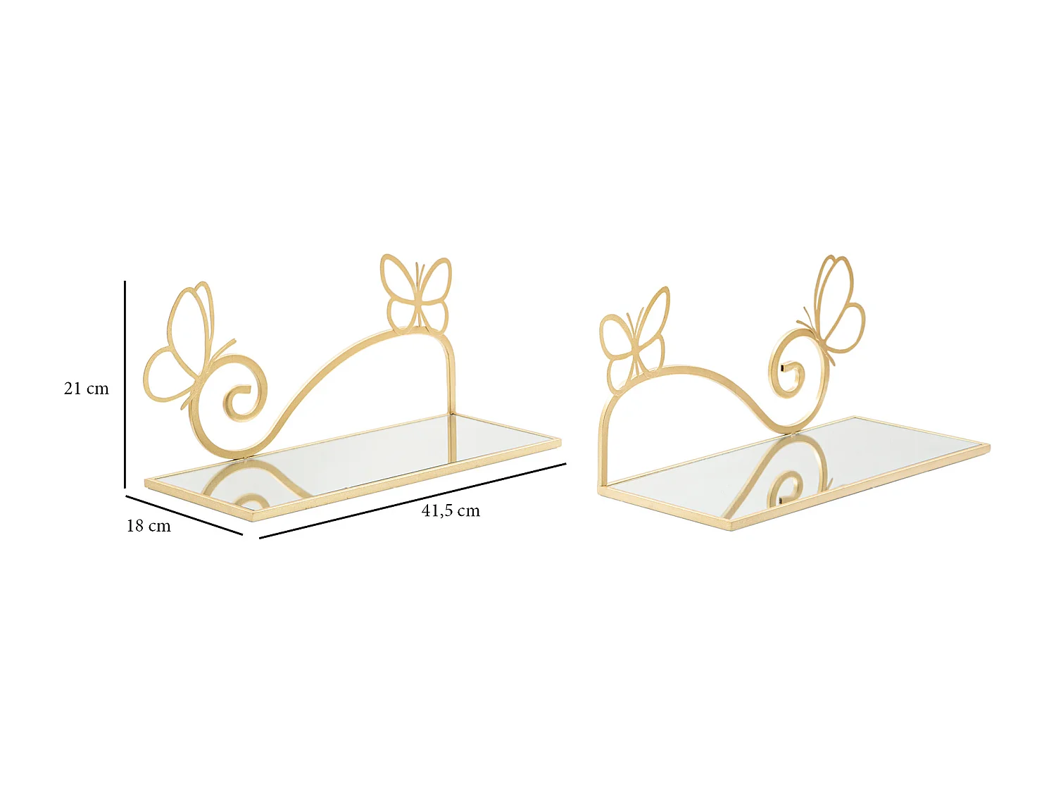 Set di 2 comodini mensola in metallo e specchio dorati cm 41,5x18x21